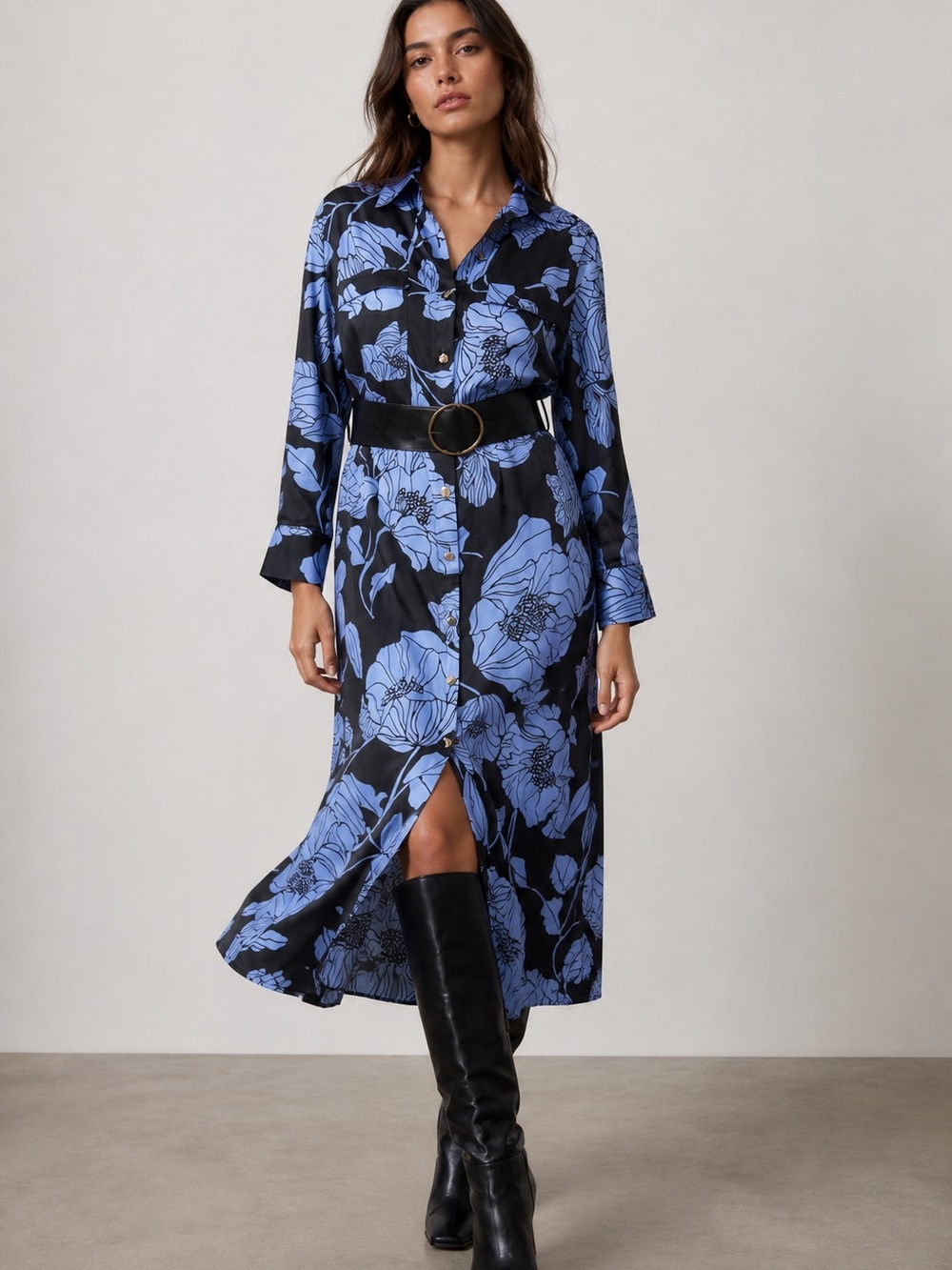 Zara Floral Button-Front Shirt Dress in Blue and Black